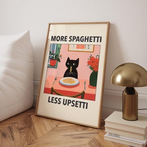 More Spaghetti Less Upsetti Cat Poster, Italian Kitchen Print, Funny Black Cat Wall Art, Retro Diner Poster, Pasta Print - Digital File