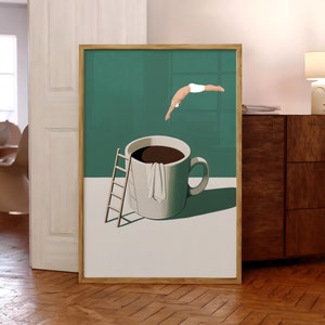 Stampa Coffee Diver, Poster del buongiorno con caffè, Arte murale per espresso, Stampe per amanti del caffè, Poster per cucina alla moda, Stampa con caffè - Cornice opzionale