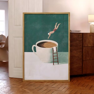 Impresión de Coffee Diver, póster de café de buenos días, arte de pared de espresso, impresiones para amantes del café, póster de cocina de moda, impresión de café: archivo digital