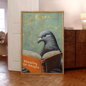 Stampa divertente per il bagno, poster del libro Piccione che fa la cacca sulle persone, arte murale divertente per il bagno, decorazione murale per il bagno, stampe umoristiche - Cornice opzionale