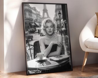 Marilyn Monroe Paris Café Poster, Marilyn Monroe Vintage Print, Retro Hollywood Wall Art, Black And White Prints, Wall Art - Digital File