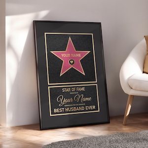 Pôster personalizado de estrela de Hollywood, impressão personalizada de estrela da Calçada da Fama, presente personalizado de aniversário, arte de parede personalizada, presente de aniversário - moldura opcional