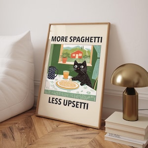 More Spaghetti Less Upsetti Cat Poster, Italian Kitchen Print, Funny Black Cat Wall Art, Retro Diner Poster, Pasta Print - Digital File