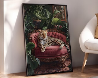 Leopard på rosa soffa-poster, leopardväggkonst, maximalistisk väggdekor, djungeltigertryck, livfulla maximalistiska tryck - digital fil