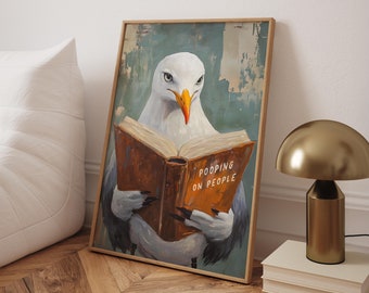 Lustiger Badezimmer Druck, Möwe kackt auf Menschen Buch Poster, lustige Toilette Wandkunst, Badezimmer Wanddekoration, humorvolle Drucke - digitale Datei