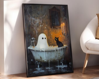 Halloween Badezimmer Poster, Geist und schwarze Katze Wandkunst, Geisterbaden Druck, Halloween Wandkunst, Gruselige Posterdrucke - Optionaler Rahmen