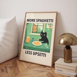 More Spaghetti Less Upsetti Cat Poster, Italian Kitchen Print, Funny Black Cat Wall Art, Retro Diner Poster, Pasta Print - Digital File