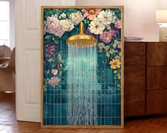 Floral Bathroom Print, Shower Wall Art, Botanical Bathroom Poster, Flower Wall Decor, Watercolor Shower Print, Vibrant Art - Optional Frame