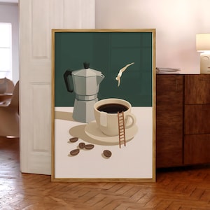 Impresión de Coffee Diver, póster de café de buenos días, arte de pared de espresso, impresiones para amantes del café, póster de cocina de moda, impresión de café (marco opcional)