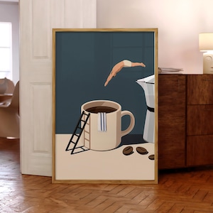 Impresión de Coffee Diver, póster de café de buenos días, arte de pared de espresso, impresiones para amantes del café, póster de cocina de moda, impresión de café (marco opcional)