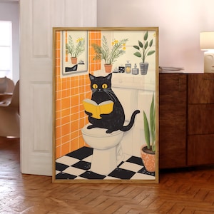 Funny Bathroom Cat Print, Black Cat Print, Funny Toilet Wall Art, Pink Toilet Poster, Pooping Wall Art, Cat Lover Gift Art -  Optional Frame