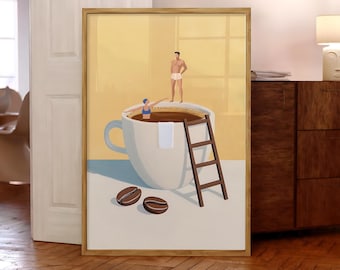 May include: A framed illustration of a white coffee cup with two figures swimming in the coffee. The cup is on a table with two coffee beans. The background is a yellow wall.