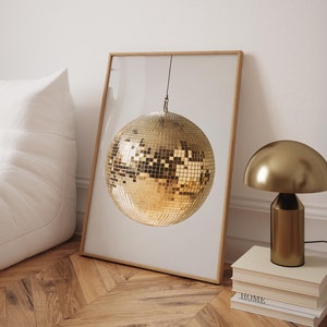 Disco Ball Wall Art, Golden Disco Ball Poster, Mirrorball print, Retro Wall Decor, Vintage 70s Inspired Glamour Prints  - Digital File