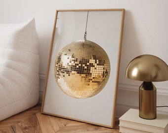 Disco Ball Wall Art, Golden Disco Ball Poster, Mirrorball print, Retro Wall Decor, Vintage 70s Inspired Glamour Prints  - Digital File