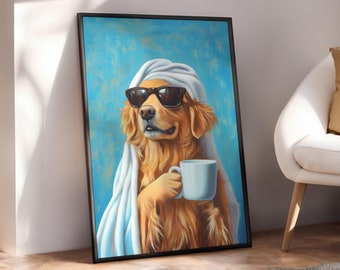Cool Dog Drinking Coffee Poster, Dog Wall Art, Dog Coffee Print, Maximalist Wall Decor, Dopamine Eclectic Poster Art - Digital File
