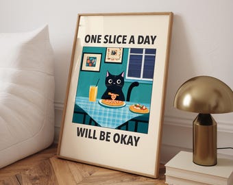 Poster divertente con gatto pizza, stampa cucina italiana, divertente arte murale con pasta con gatto nero, poster retrò per diner, stampa con più spaghetti - file digitale