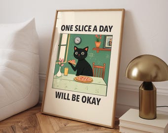Poster divertente con gatto pizza, stampa cucina italiana, divertente arte murale con pasta con gatto nero, poster retrò per diner, stampa con più spaghetti - file digitale