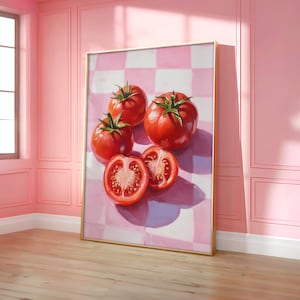 Arte de pared con tomates, póster de tomates rosas de moda, impresión de arte de comida vintage, póster de arte de cocina, impresiones de arte de comida retro, impresión de tomates (marco opcional)