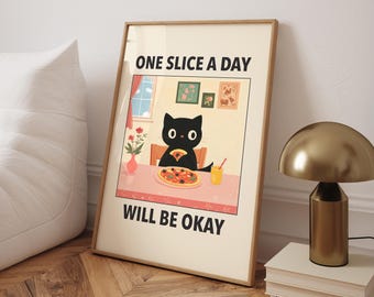 Poster divertente con gatto pizza, stampa cucina italiana, divertente arte murale con pasta con gatto nero, poster retrò per diner, stampa con più spaghetti - file digitale