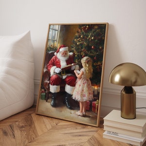 Póster navideño de Papá Noel, impresión navideña vintage, arte mural de Papá Noel con niño, póster navideño retro divertido (marco opcional)