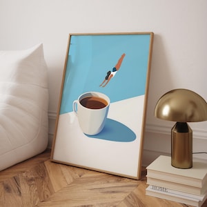 Impresión de Coffee Diver, póster de café de buenos días, arte de pared de espresso, impresiones para amantes del café, póster de cocina de moda, impresión de café: archivo digital