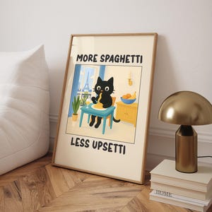 More Spaghetti Less Upsetti Cat Poster, Italian Kitchen Print, Funny Black Cat Wall Art, Retro Diner Poster, Pasta Print - Optional Frame