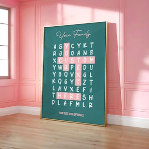 Cartaz de caça-palavras personalizado para a família, impressão de palavras cruzadas personalizadas, arte de parede para presente de aniversário, cartaz com nome personalizado - moldura opcional
