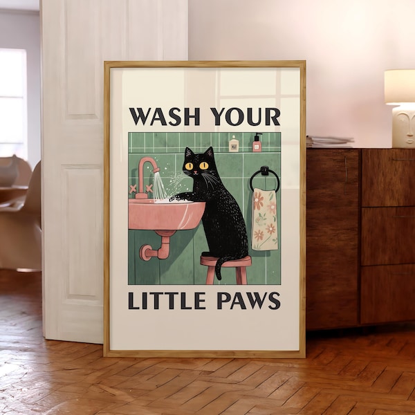 Wash Your Paws Cat Poster, Funny Bathroom Print, Black Cat Wall Art, Funny Toilet Poster, Washing up Print, Humor Wall Art - Optional Frame