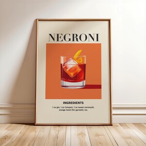 Impresión de cóctel Negroni, póster de carrito de bar, arte mural de bebidas de fiesta, impresión de cocina retro, póster de cócteles, arte de bebidas de moda (marco opcional)