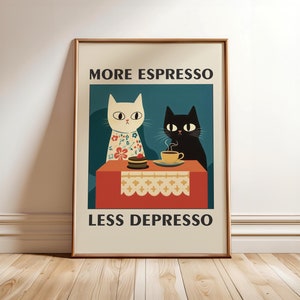 More Espresso Less Depresso ポスター、キッチン ウォール アート、面白い黒猫プリント、レトロなコーヒー猫ポスター、コーヒー バー ウォール アート - オプションのフレーム