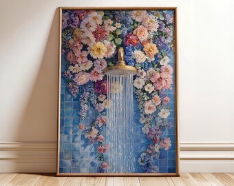 Floral Bathroom Print, Shower Wall Art, Botanical Bathroom Poster, Flower Wall Decor, Watercolor Shower Print, Vibrant Art - Optional Frame