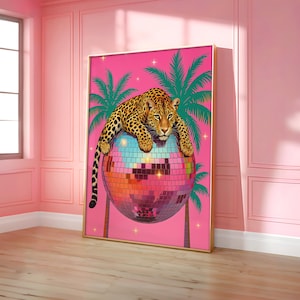 Leopard on Disco Ball Poster, Leopard Wall Art, Maximalist Wall Decor, Jungle Leopard Print, Vibrant Maximalist Prints - Digital File