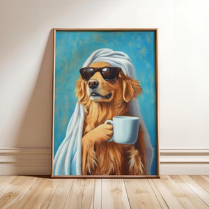 May include: A golden retriever dog wearing sunglasses and a white towel, holding a blue coffee mug. The dog is painted in a realistic style against a blue background.