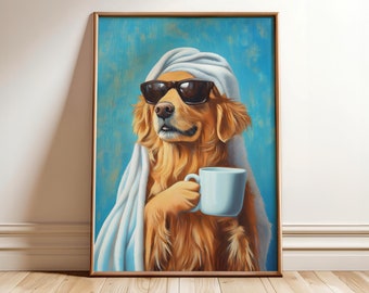 Cool Dog Drinking Coffee Poster, Dog Wall Art, Dog Coffee Print, Maximalist Wall Decor, Dopamine Eclectic Poster Art - Optional Frame