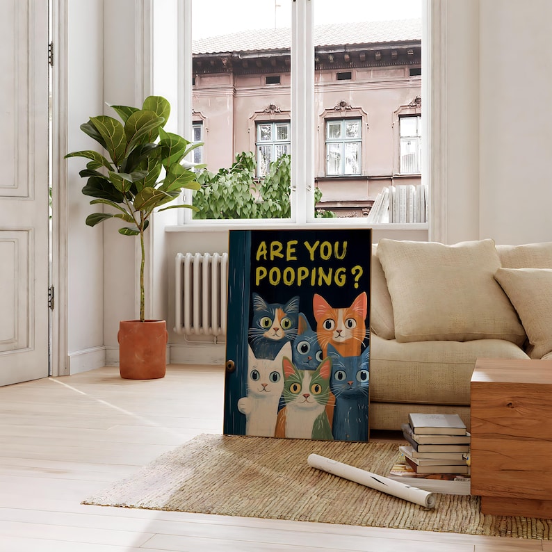 May include: A humorous illustration of five cats peeking through a door with the text "Are you pooping?" The cats are drawn in a cartoon style with bright colors and expressive faces.