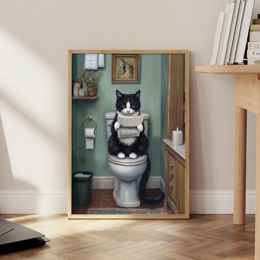 Tuxedo Cat Bathroom Print, Bathroom Funny Poster, Housewarming Toilet Wall Art, Funny Toilet ...