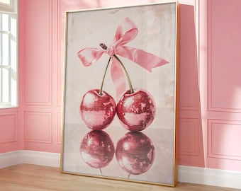 Cherry Disco Ball Wall Art, Ribbon Mirrorball Print, Disco Ball Poster, Pink Girly Poster, Trendy Wall Art, Retro Prints - Optional Frame