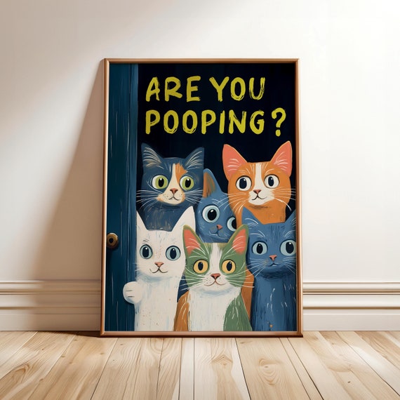 Are You Pooping Toilet Cat Print, Cats Bathroom Poster, Funny Toilet Wall Art, Vintage Bathroom Wall Decor, Humorous Prints - Optional Frame