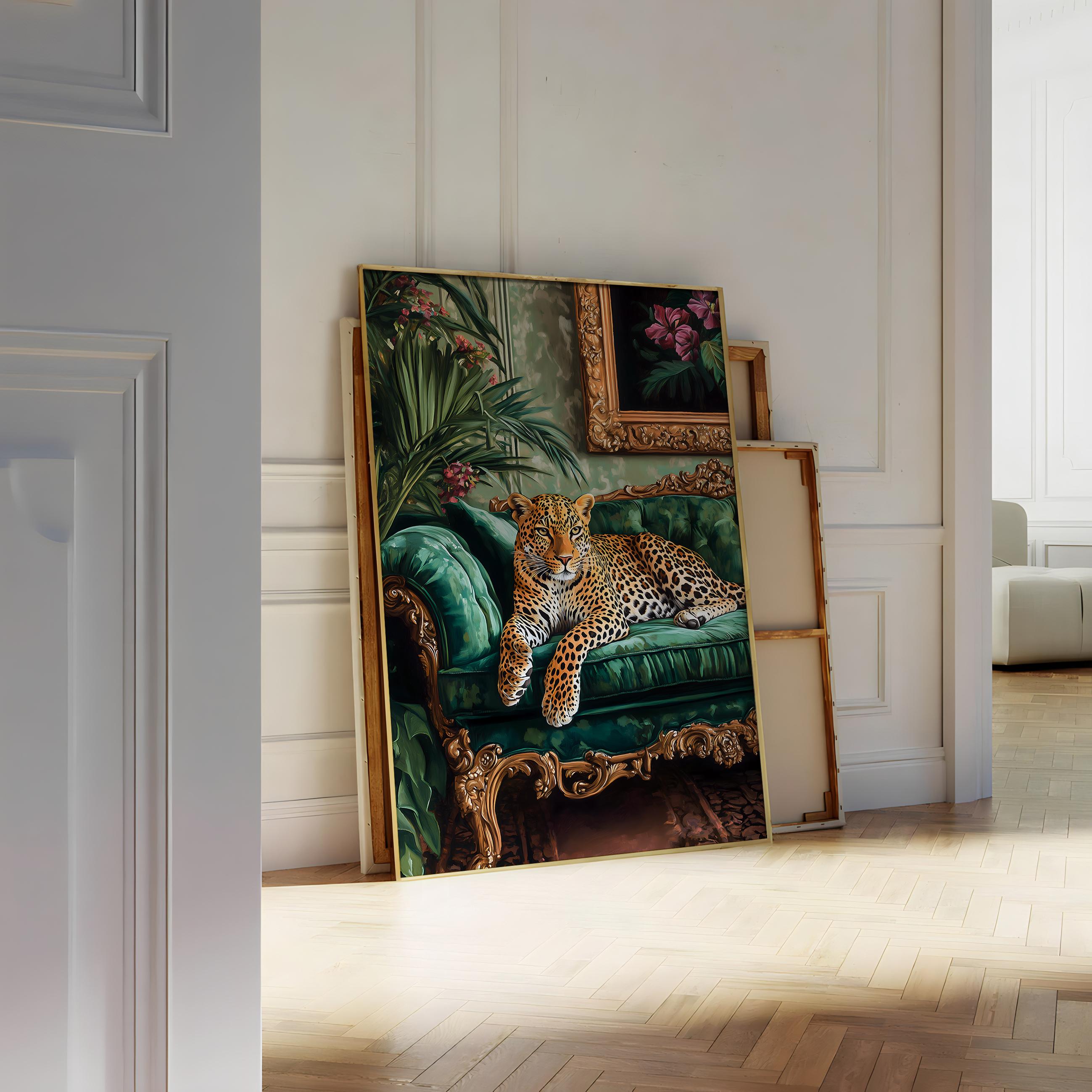 Leopard on Emerald Green Sofa Poster, Leopard Wall Art, Maximalist