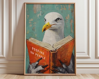 Lustiger Badezimmer Druck, Möwe kackt auf Menschen Buch Poster, lustige Toilette Wandkunst, Badezimmer Wanddekoration, humorvolle Drucke - digitale Datei