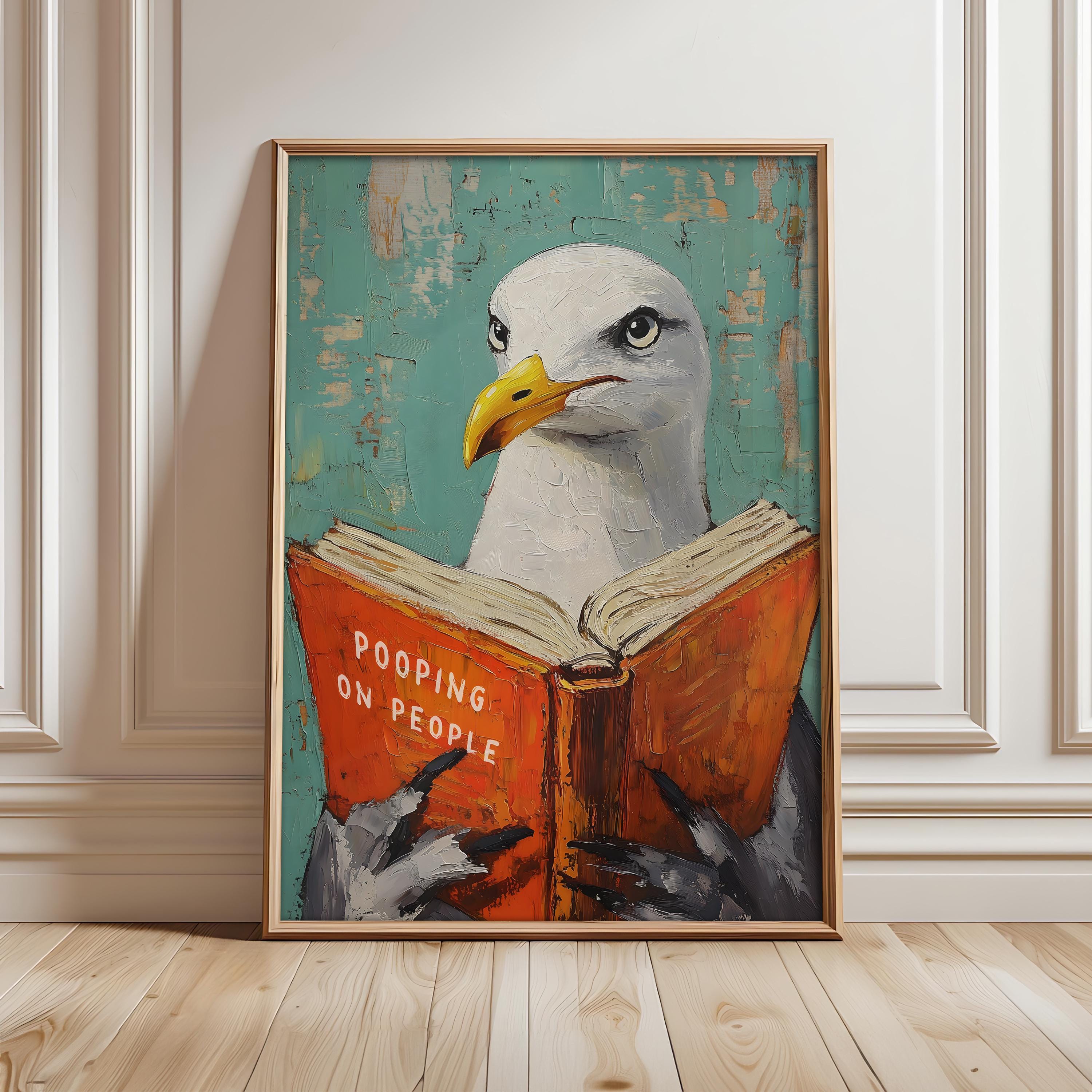 Impression drôle de salle de bain, mouette faisant caca sur une affiche de livre de personnes, art mural toilettes drôle, décoration murale de salle de bain, impressions humoristiques - fichier numérique
