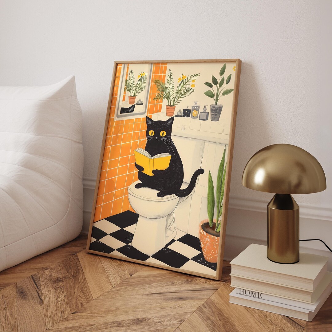 Funny Bathroom Cat Print, Black Cat Print, Funny Toilet Wall Art, Pink ...
