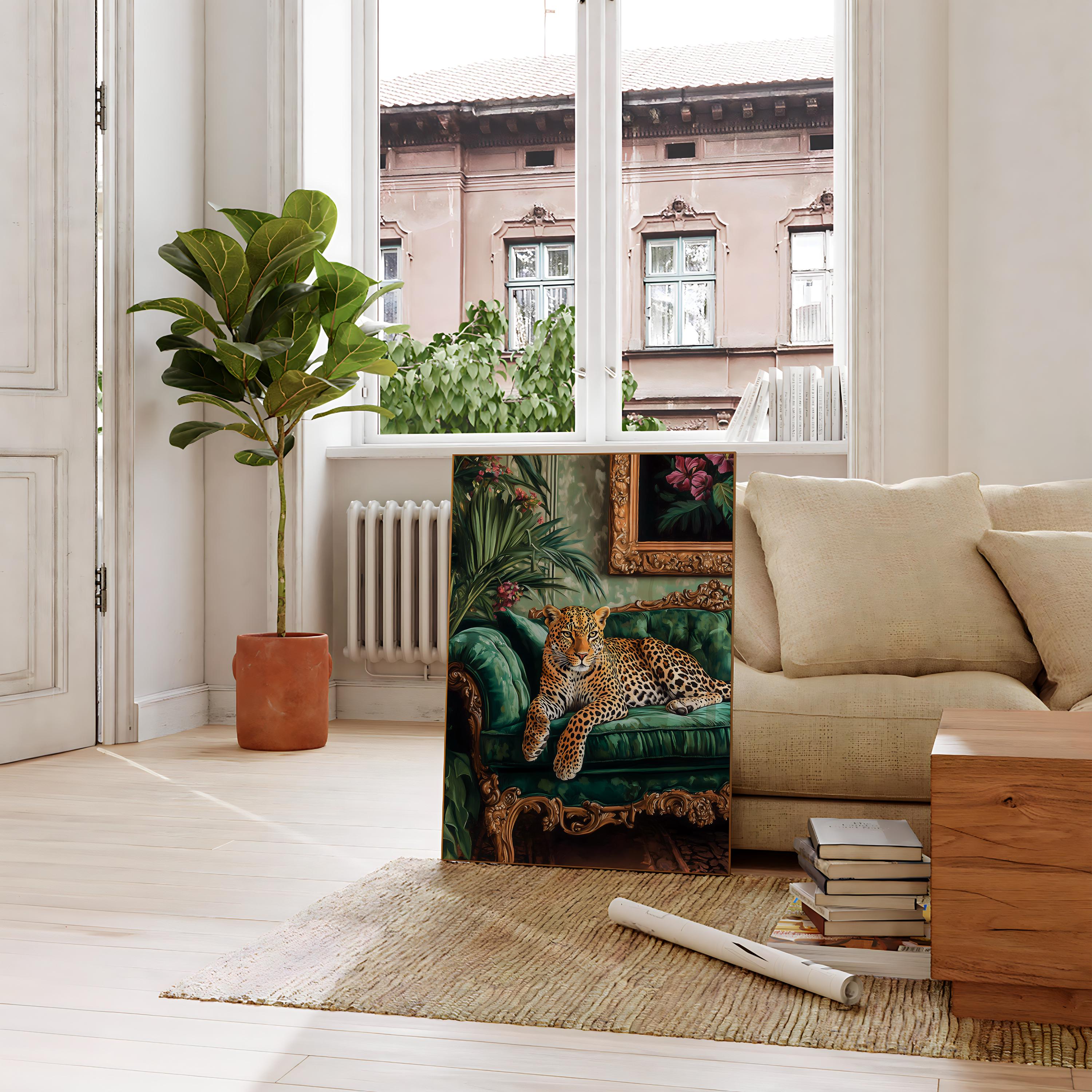 『 Green Leopard fam 』by Zuberi 60*60cm Leopard on Emerald Green Sofa Poster, Leopard Wall Art, Maximalist