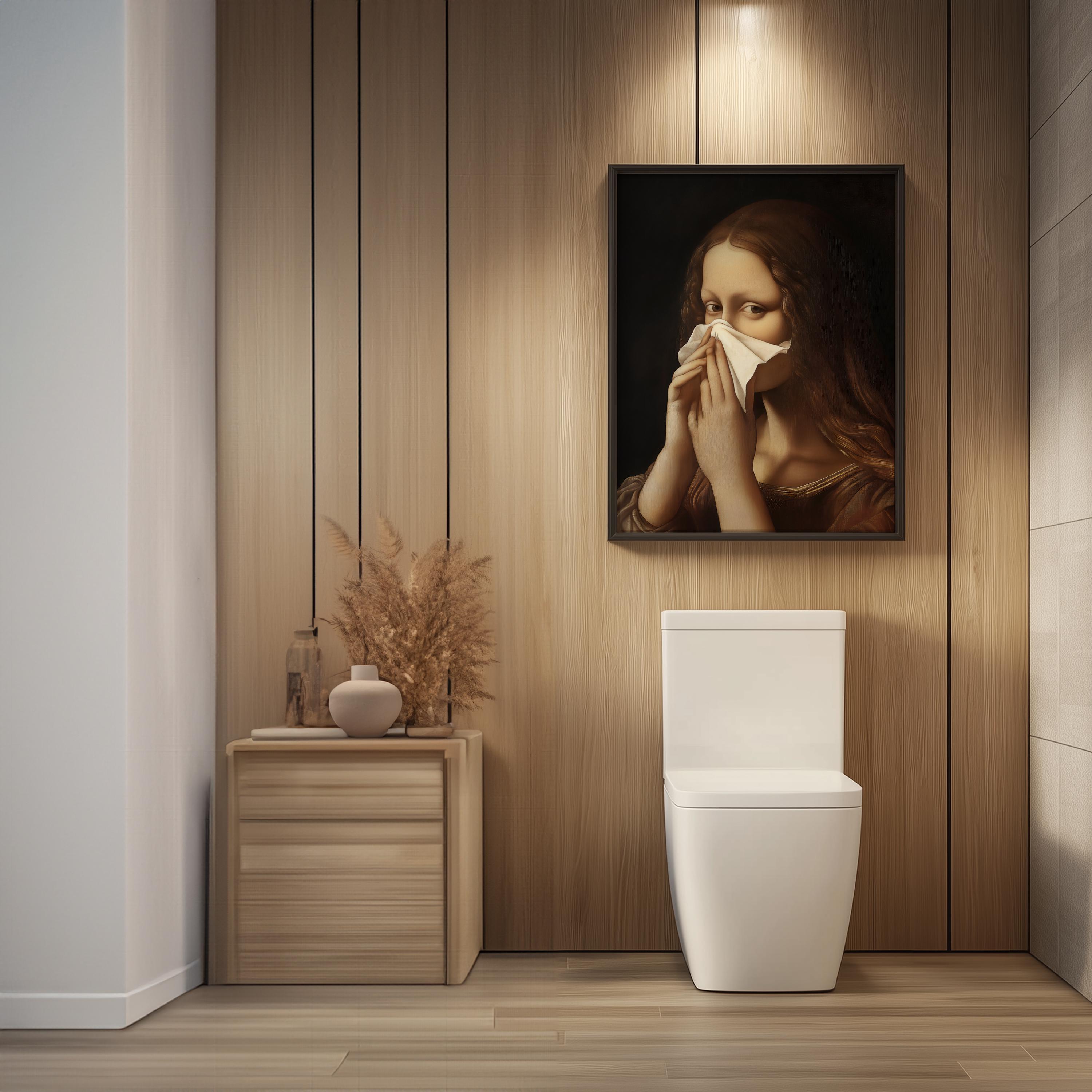 Poster Umoristico Per Bagno Con Mona Lisa - Stampa Su Tela 30x40 Cm, Cornice Interna, Impermeabile