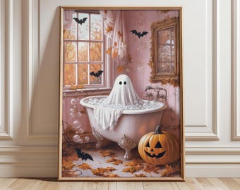 Halloween Bathroom Poster, Ghost Spooky Print, Ghost Bathing Print, Halloween Wall Art, Spooky Poster, Pink Wall Art - Optional Frame