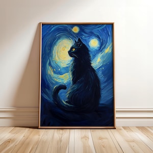 Impresión de noche estrellada de gato negro, póster de gato caprichoso, arte de pared de gato divertido, póster de gato estético, pintura de regalo para amantes de los gatos - Marco opcional