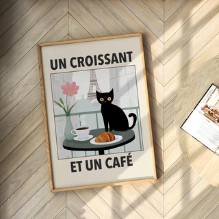 Stampa Su Tela Con Gatto Nero E Scritte Francesi 'Bonjour Mon Amour' – Decorazione Da Parete Vintage, 30x40 O 40x60 Cm