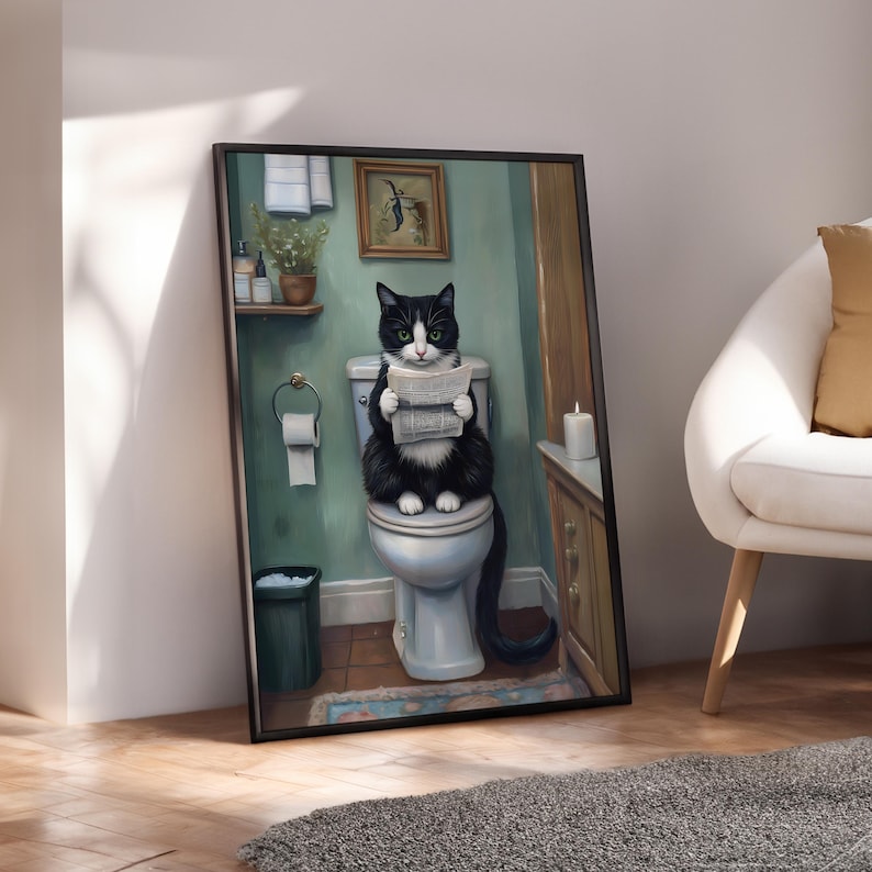 Tuxedo Cat Bathroom Print, Bathroom Funny Poster, Housewarming Toilet ...
