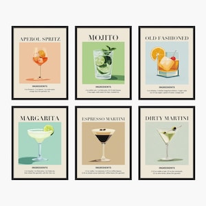 Juego de 6 carteles de cócteles, impresión de carrito de bar, arte mural de bebidas de fiesta, impresión de cocina retro, juego de carteles de cócteles de moda, arte con alcohol - Archivo digital