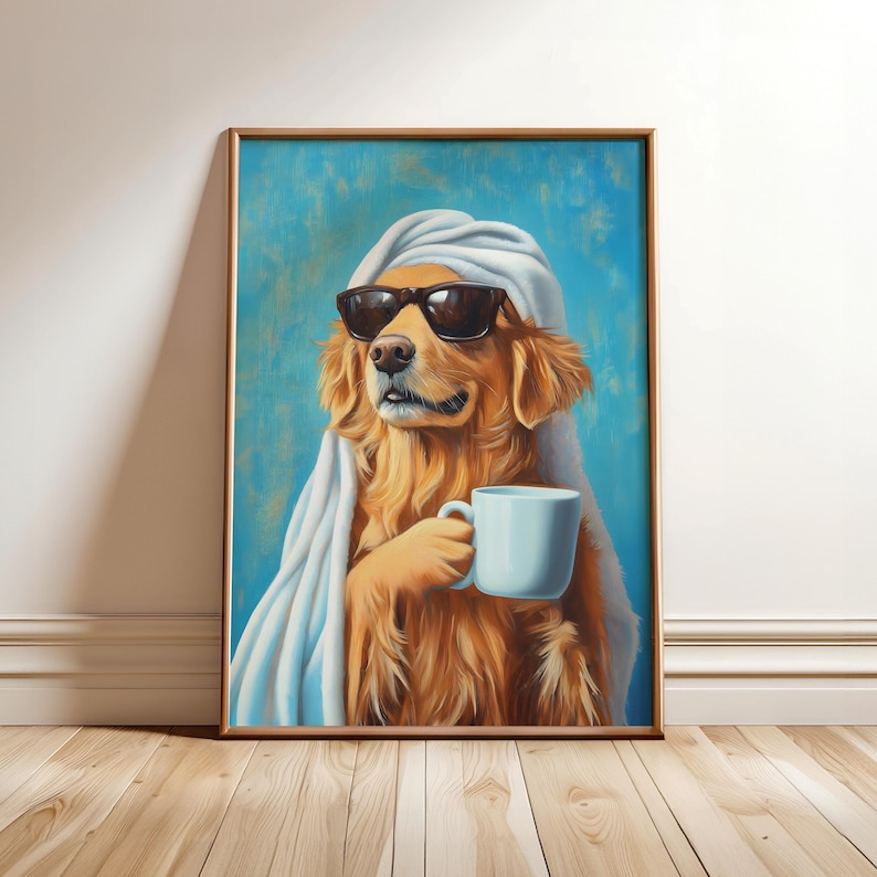 May include: A golden retriever dog wearing sunglasses and a white towel, holding a blue coffee mug. The dog is painted in a realistic style against a blue background.